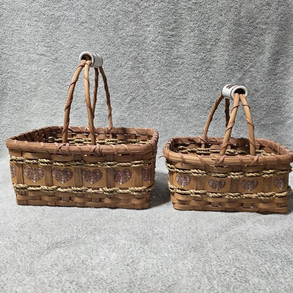 2 Vintage Cottagecore Wicker Baskets Heart Ceramic Handle Grandma Farmhouse